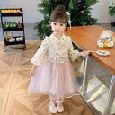 子供服 女の子 キッズ かわいい おしゃれ 春秋 チャイナ風 ピンク 長袖 フェイク セットスタンドカラー ボタン ガーゼ スカート