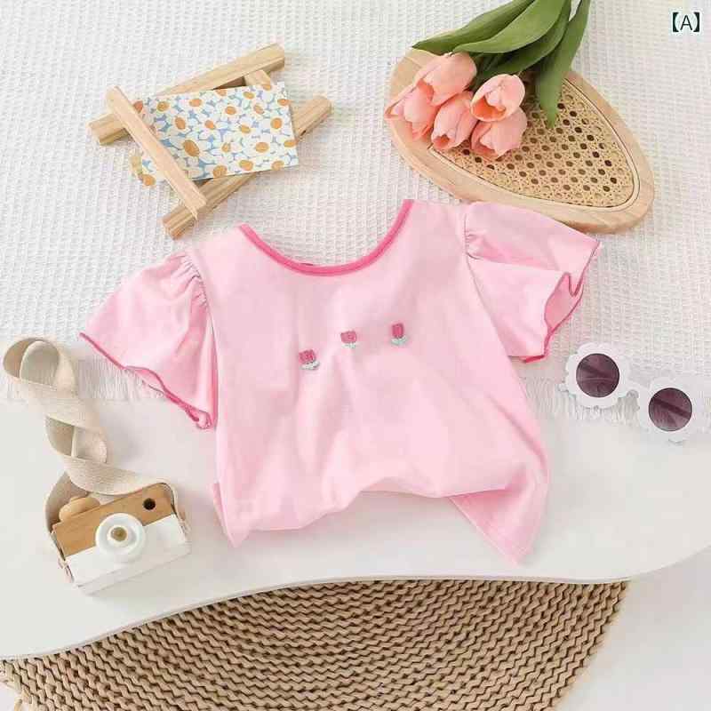 子供服 女の子 キッズ かわいい おしゃれ 夏 半袖 韓国 蝶 結び 赤ちゃん ラウンドネック パフスリーブ トップス