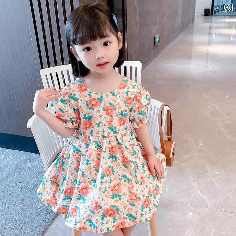 子供服 女の子 キッズ かわいい おしゃれ 花柄 夏 韓国 夏 パフスリーブ 背中 開き プリンセス