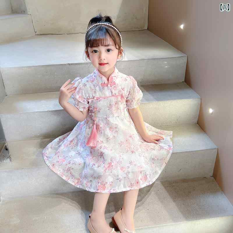 子供服 女の子 キッズ かわいい おしゃれ チャイナ 夏 韓国 夏 パフスリーブ 花柄 半袖 漢 プリンセス