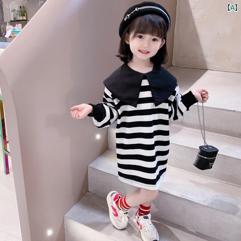 子供服 女の子 キッズ かわいい おしゃれ ストライプ 長袖 秋 韓国 ベビー 春秋 人形 襟 スカート
