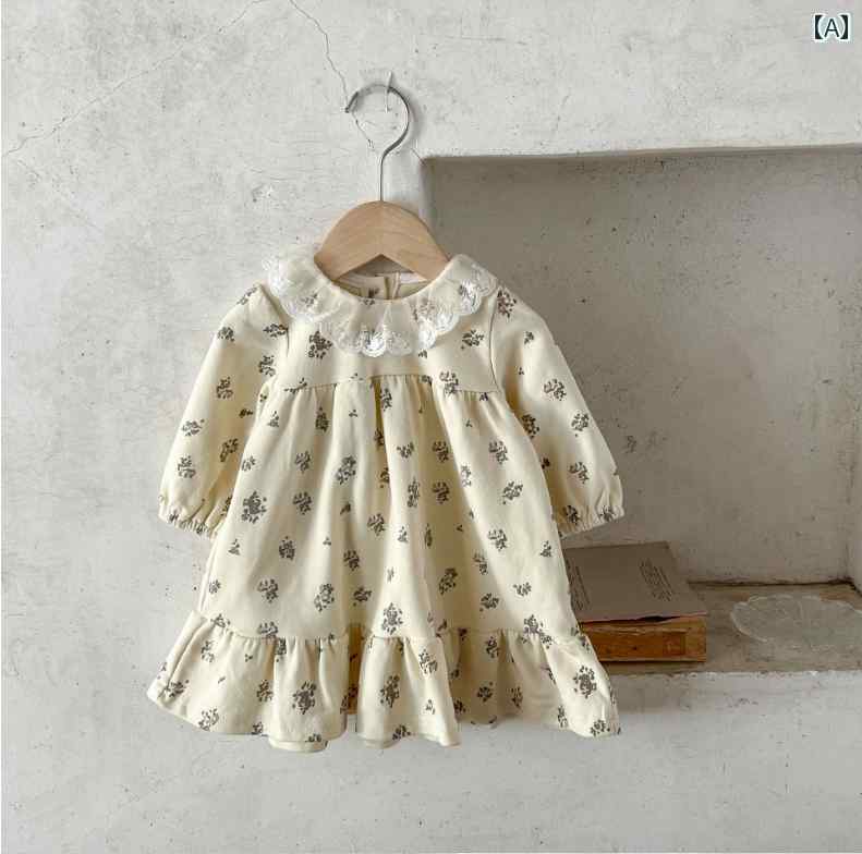 子供服 女の子 キッズ かわいい おしゃれ 春秋 赤ちゃん 花柄 幼児 長袖 レース 襟 スカート プリンセス 洋風 スカート