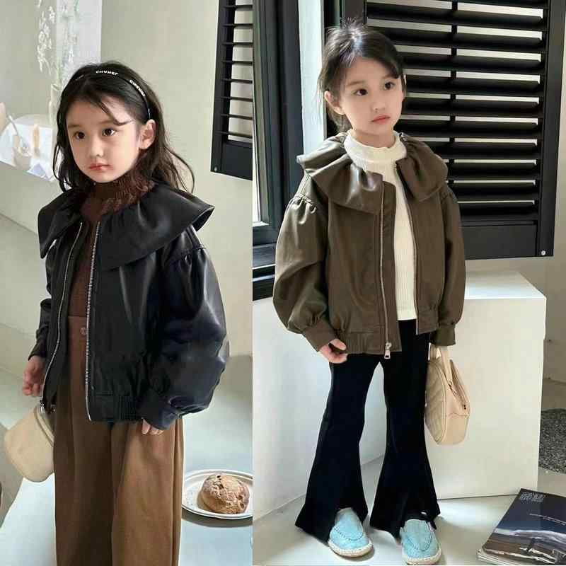 子供服 女の子 キッズ かわいい おしゃれ レザージャケット 春秋 韓国 蓮葉 襟 ジャケット トップス 赤ちゃん