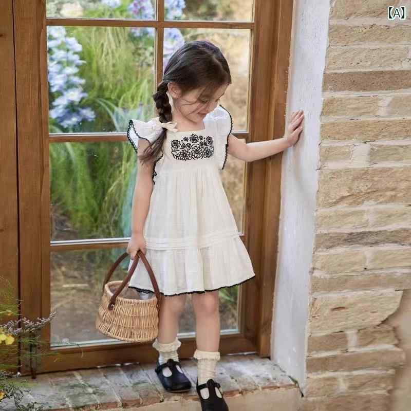 子供服 女の子 キッズ かわいい おしゃれ プリンセス 白 フライング スリーブ 夏 トレンディ 刺繍 スカート 赤ちゃん