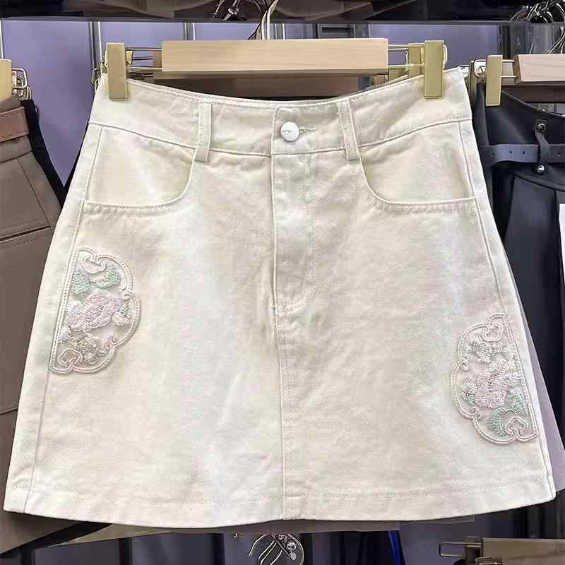 レディース ファッション おしゃれ チャイナ風 刺繍 デニム ショート スカート 春夏 ハイウエスト スリム aライン スカート