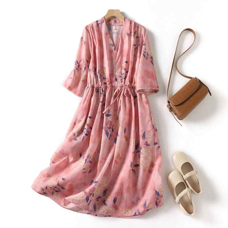 レディース ファッション おしゃれ 韓国 夏 プリント スカート Vネック 巾着 フェアリー ドレス ローブ