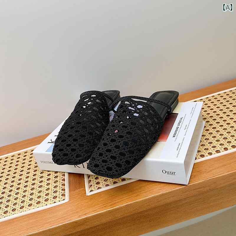 かかし シューズ レディース カジュアル 春夏 シック 編組 スリッパ フラット 通気性 快適 ミュール 黒 カーキ