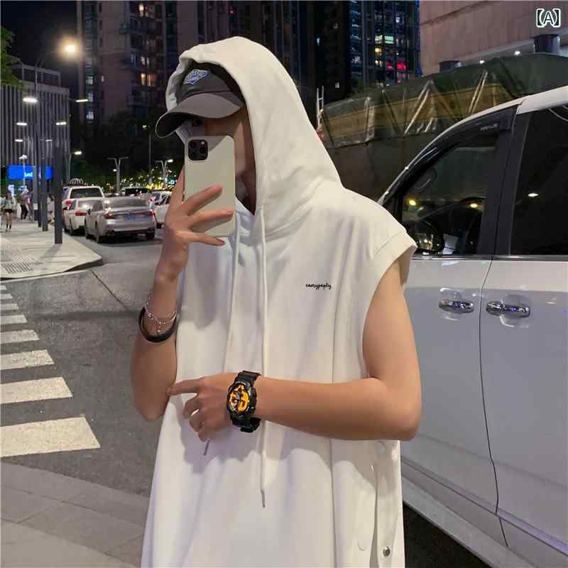 メンズ 半袖 春夏 ストリート フード スウェット スポーツ Tシャツ ヒップホップ ノースリーブベスト ホワイト ブラック パーカー