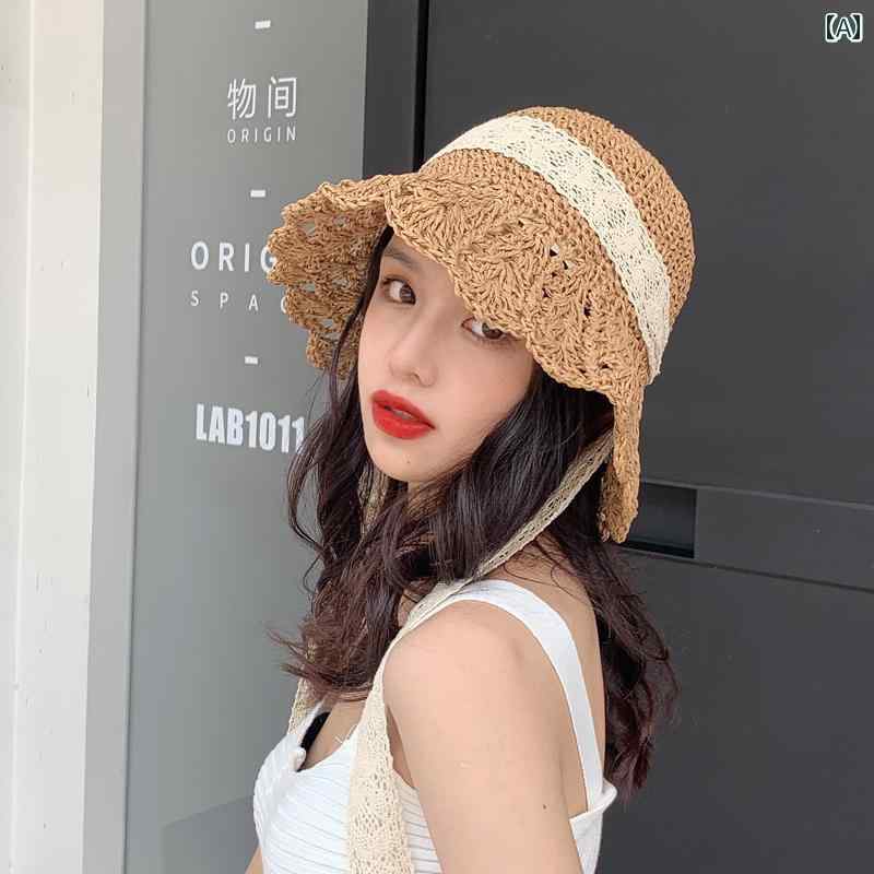 麦わら帽子 レディース ハット 日よけ レース リボン 春夏 日焼け防止 韓国 おしゃれ ベージュ ブラック