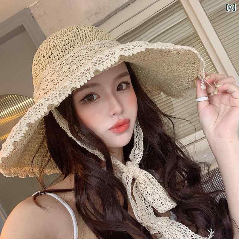 麦わら帽子 レディース ハット 日よけ つば広 春夏 レース リボン ビーチ 韓国 おしゃれ ベージュ ブラウン