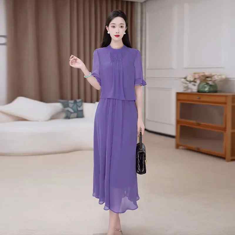 レディース ファッション 夏 エレガント 上品 おしゃれ シフォン ドレス 社交界 ウエスト スカート フェイク セットアップ