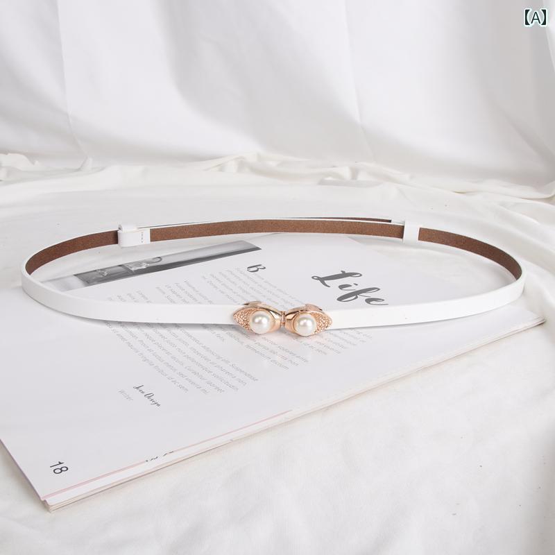 ベルト レディース 細 おしゃれ レザー 革 ウエストマーク パール 装飾 ホワイト ブラック ピンク