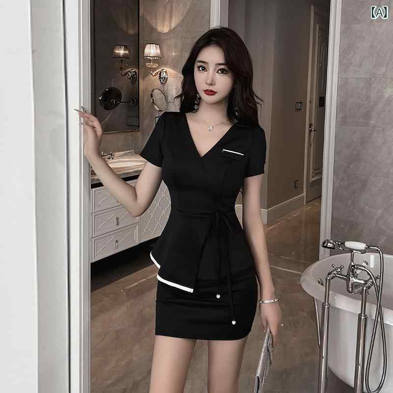 エステ ユニフォーム サロン クリニック 制服 スーツ Vネック スパ マッサージ 夏 ブラック ブルー