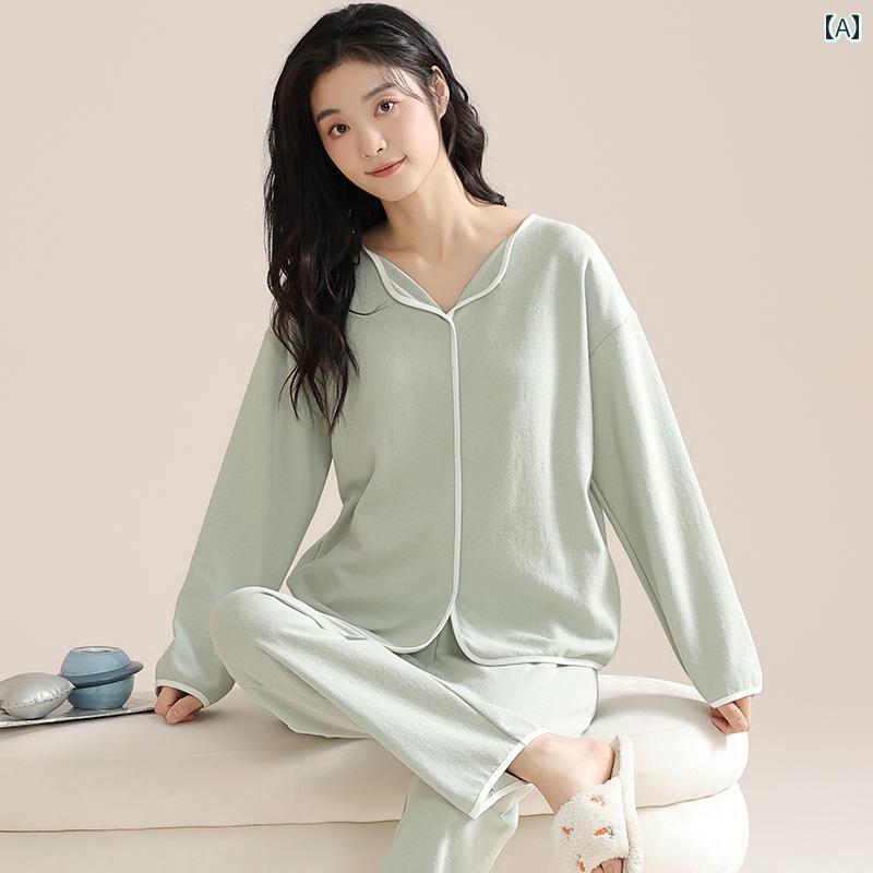 ルームウェア レディース 部屋着 カップ パジャマ 綿 春秋 ゆったり 長袖 パンツ スーツ グリーン パープル オレンジ