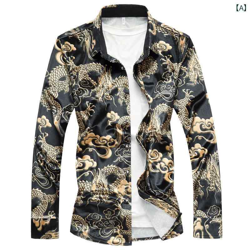 シャツ メンズ 長袖 トップス カジュアル ファッション 大きめサイズ 春秋 ゴールド 起毛 ドラゴン 龍 ストレッチ 黒 青