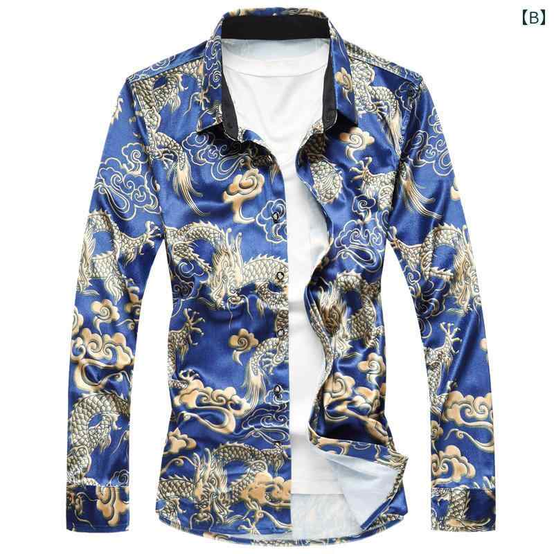 シャツ メンズ 長袖 トップス カジュアル ファッション 大きめサイズ 春秋 ゴールド 起毛 ドラゴン 龍 ストレッチ 黒 青