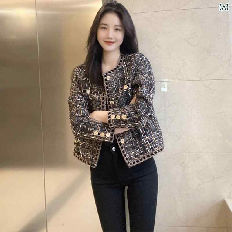 ツイード ジャケット レディース おしゃれ きれいめ 秋冬 レトロ ショート丈 ファッション ブラウン ノーカラー