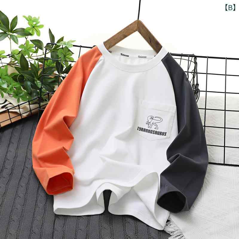 tシャツ キッズ 子供服 男の子 ロンT 長袖 春秋 ラグラン プリント ラウンドネック 綿 グレー ホワイト 韓国 恐竜