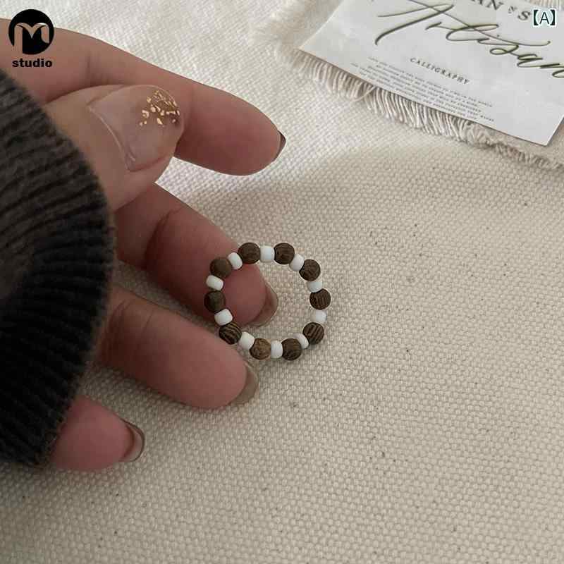 レディース リング 指輪 チャイナ風 コーヒー 木 ビーズ レトロ エスニック ストレッチ おしゃれ カジュアル 普段使い プチギフト