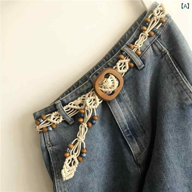 レディース ベルト レディース レトロ エスニック ロープ 装飾 アジアン 民族風 個性 おしゃれ アクセサリー ウエストマーク カジュアル 穴し 茶 白 黒