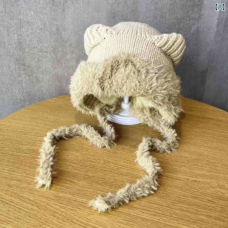 キッズ フードウォーマー ベビー 女の子 男の子 かわいい 冬 ニット帽 暖かい 防寒 防風 保温 クマ 耳 ウール 綿 ふわふわ もこもこ 柔らかい 起毛 厚手 紐 寒さ対策 外遊び お散歩 ぬいぐるみ 動物 カーキ ブラウン アイボリー