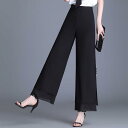 レディース ファッション おしゃれ 上品 シンプル スリット ワイドレッグ パンツ 夏 薄手 涼しい 涼しい ハイウエスト スリム パンツ ロング ブラック ドレープ シフォン パンツ