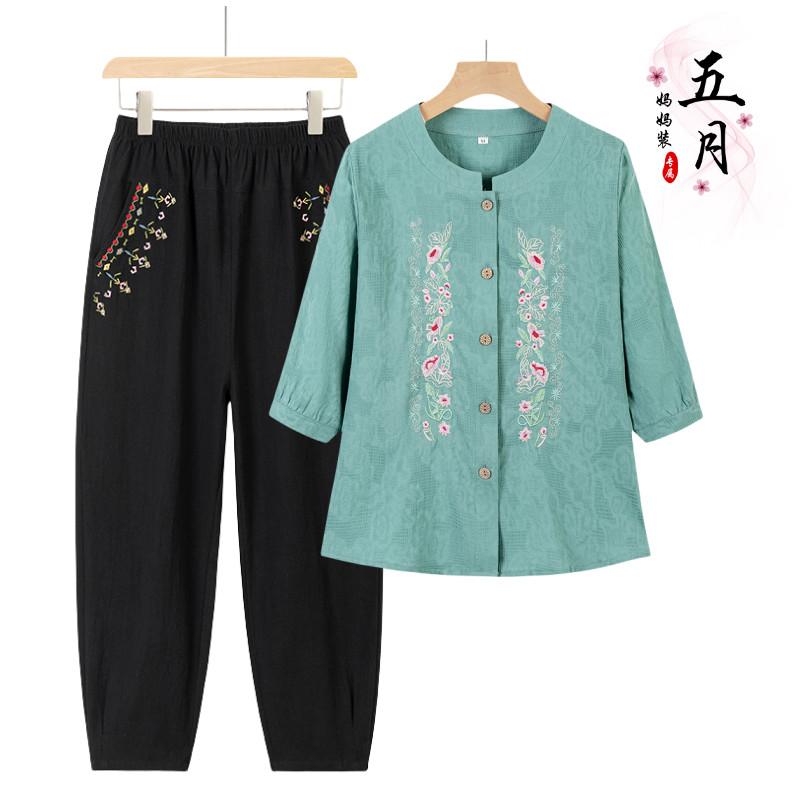 ミセス ファッション おしゃれ 婦人服 上品 淑女 レディース 夏 セットアップ 半袖 夏 綿 半袖 シャツ 2点 セット 着