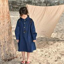 女の子 ワンピース デニム キッズ 子供服 春秋 スカート 韓国 ファッション 長袖 襟 ボタン ゆったり シンプル 無地 カジュアル 青(4)