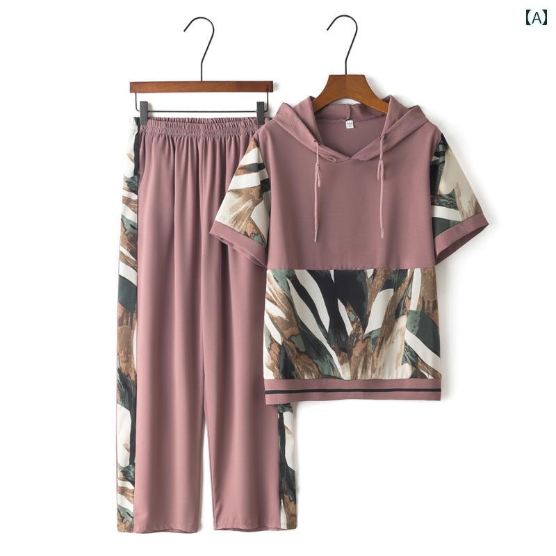 ミセス ファッション おしゃれ 婦人服 上品 淑女 レディース カジュアル セットアップ 夏 フード 半袖 Tシャツ スタイリッシュ 2点 セット し スリム