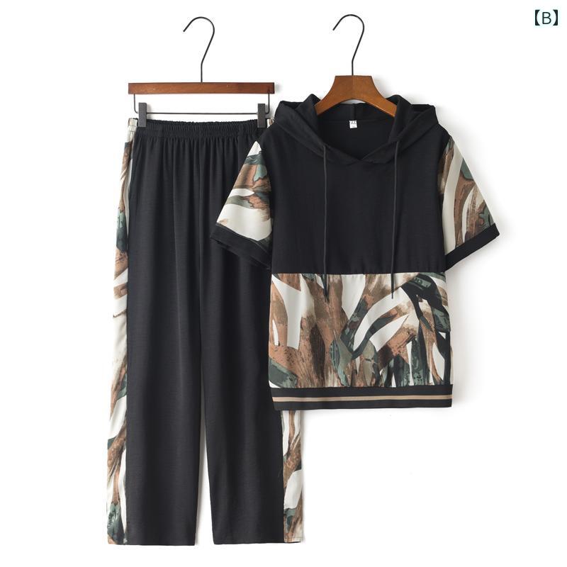 ミセス ファッション おしゃれ 婦人服 上品 淑女 レディース カジュアル セットアップ 夏 フード 半袖 Tシャツ スタイリッシュ 2点 セット し スリム