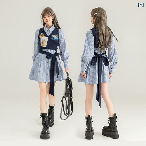 シャツワンピース レディース アメリカン カレッジ 重ね着風 春 スリム ストライプ Aライン スカート 長袖 カジュアル かわいい リボン ミニ丈 青 シャツワンピース レディース アメリカン カレッジ 重ね着風 春 スリム ストライプ Aライン スカート 長袖 カジュアル かわいい リボン ミニ丈 青