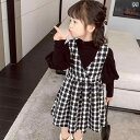 ジャンパースカート 女の子 ワンピース 子供 長袖 春秋 タートルネック パフスリーブ 千鳥格子 シンプル かわいい Aライン ジャンスカ セット 黒