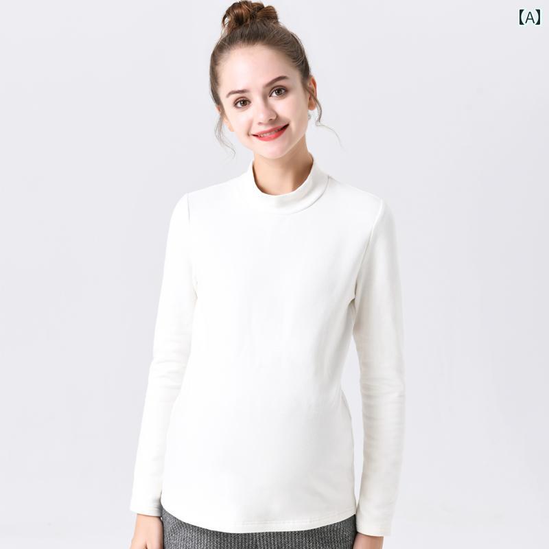 マタニティ 仕事着 トップス レディース 秋冬 長袖 プルオーバー モックネック 裏起毛 厚手 暖かい ストレッチ フィット ソフト 綿 カジュアル シンプル 無地 白 グレー 黒