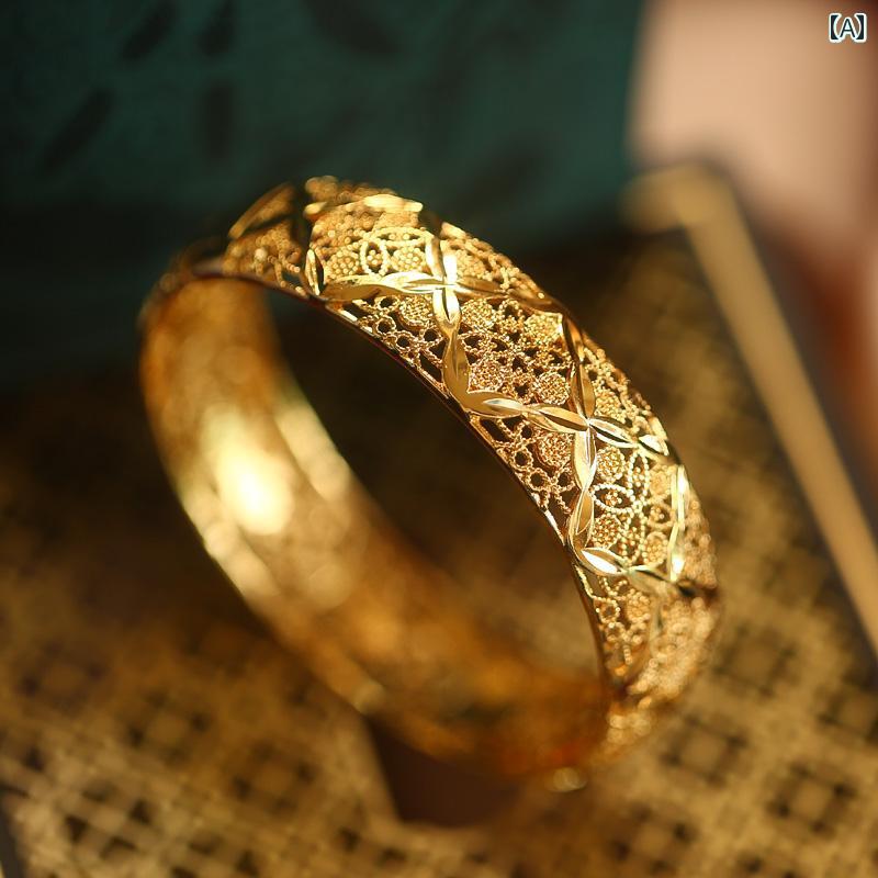 バングル レディース アクセサリー ブレスレット 金メッキ ウェディング 撮影 エスニック チャイナ風 レトロ おしゃれ 透かし模様 ゴールド 2点セット プレ...