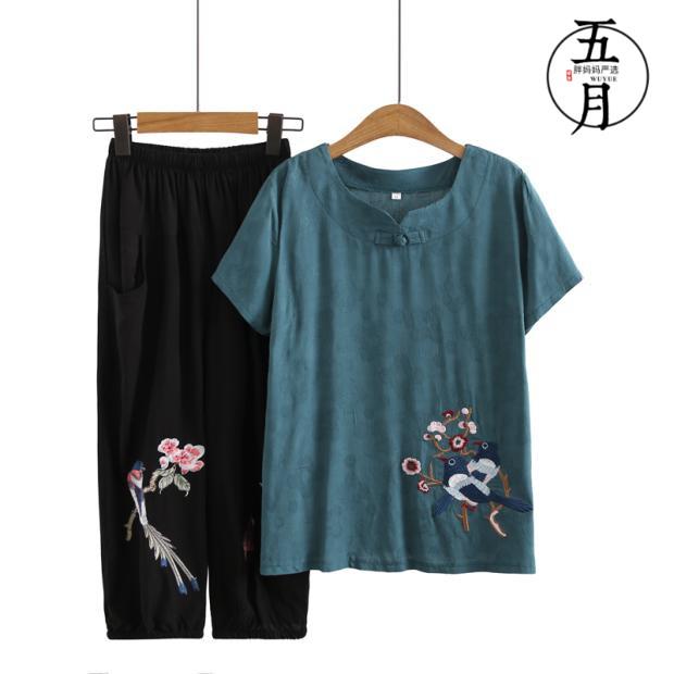 ミセス ファッション おしゃれ 婦人服 上品 淑女 レディース 夏 半袖 綿麻 セットアップ レトロ 刺繍 Tシャツ 2点 セット