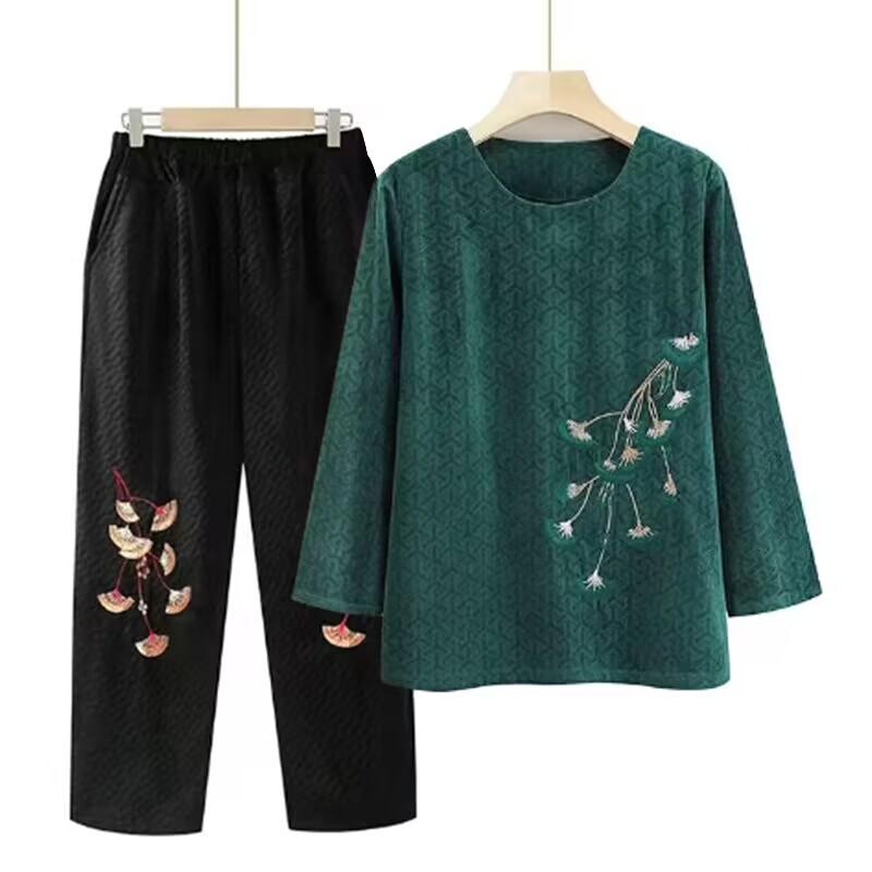 ミセス ファッション おしゃれ 婦人服 上品 淑女 レディース 春秋 セットアップ レトロ 刺繍 トップス Tシャツ ズボン 風 2点 セット