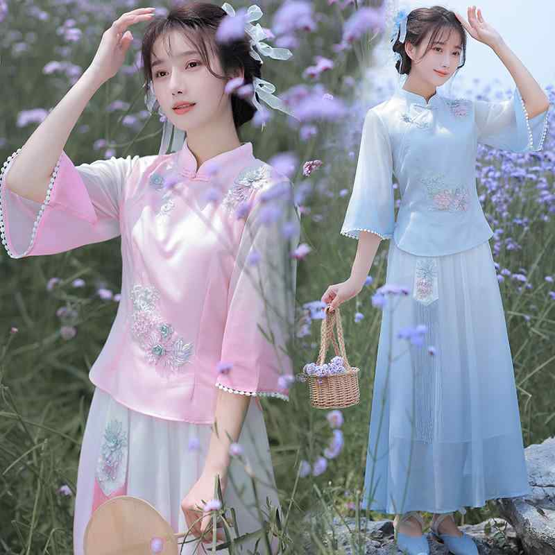 レディース ファッション おしゃれ 婦人服 夏 刺繍 スタンドカラー トップス スカート セットアップ