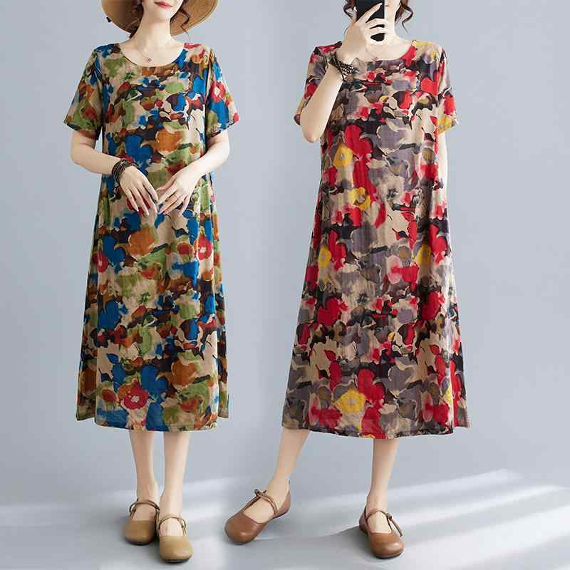 レディース ファッション おしゃれ イタリア ファースト ライン 夏 プリント 半袖 ドレス レトロ 大きいサイズ ラウンドネック スカートのサムネイル
