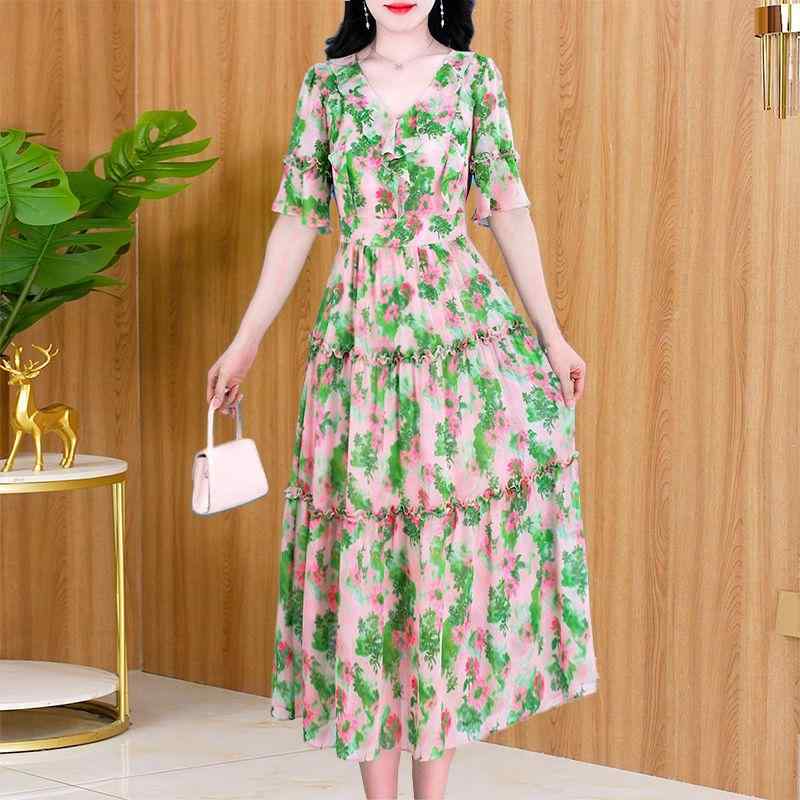 レディース ファッション 夏 エレガント 上品 おしゃれ シフォン 花柄 ドレス 風 軽量 涼しい ドレス