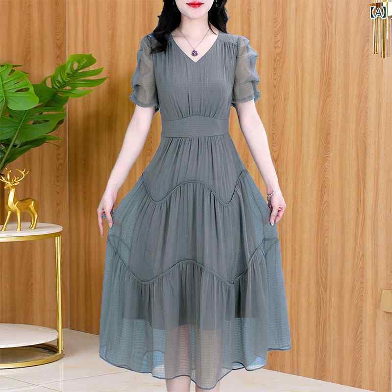 レディース ファッション 夏 エレガント 上品 おしゃれ ガーゼ シフォン ドレス 美しい スカート