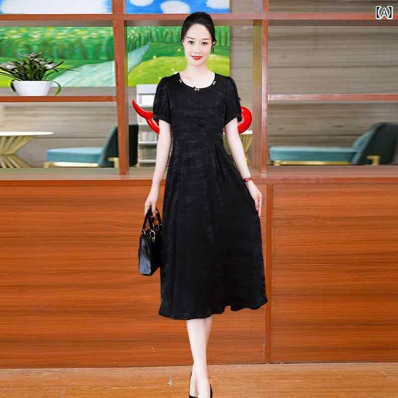 レディース ファッション 夏 エレガント 上品 おしゃれ 黒 大気 シフォン ドレス 婦人服 スカート