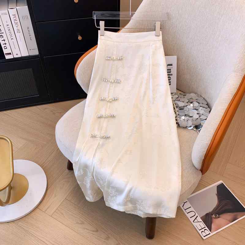 レディース ファッション おしゃれ 夏 中国 ジャカード サテンスカート ハイウエスト ヒップ スカート 丈 aライン スカート