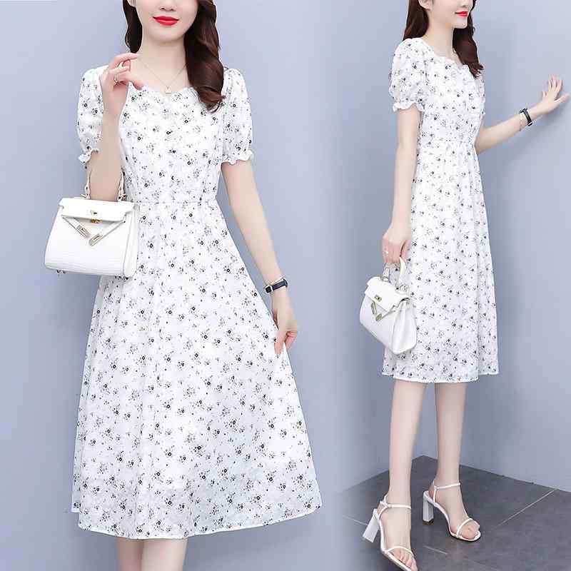 レディース ファッション おしゃれ 夏 小さめ フレッシュ プリント スカート 半袖 スクエアネック ウエスト ドレス 婦人服