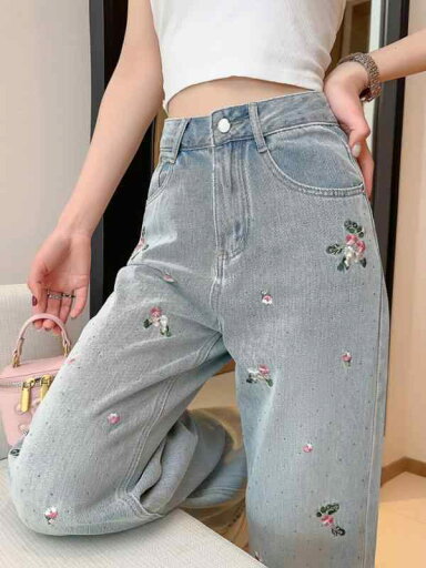 レディース ファッション カジュアル おしゃれ 春 花 刺繍 スリム ワイドレッグ パンツ ブ ゆったり トレート ジーンズ レディース ファッション カジュアル おしゃれ 春 花 刺繍 スリム ワイドレッグ パンツ ブ ゆったり トレート ジーンズ