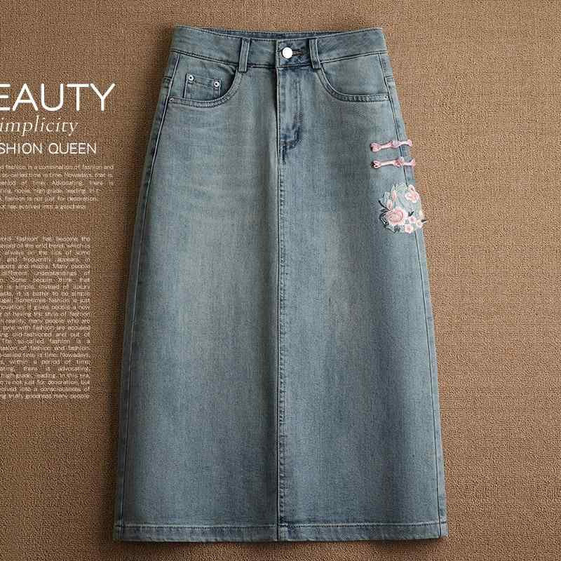 レディース ファッション おしゃれ チャイナ風 刺繍 デニムスカート ハイウエスト スリム レングス スカート 春夏 トレンド