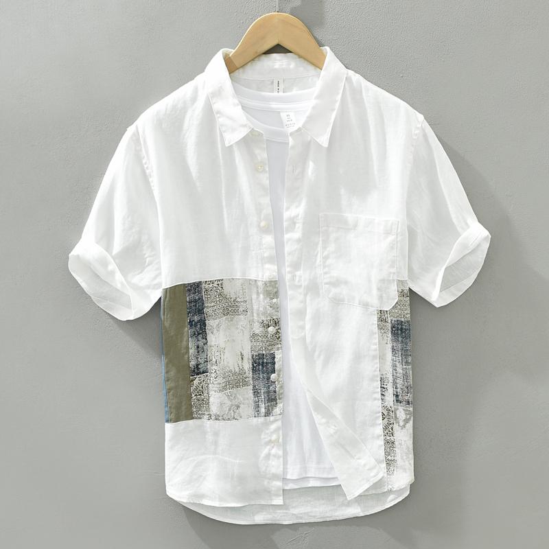 夏 プリント リネンシャツ 半袖 トレンディ 通気性 快適 コットンリネン 生地 半袖 シャツ