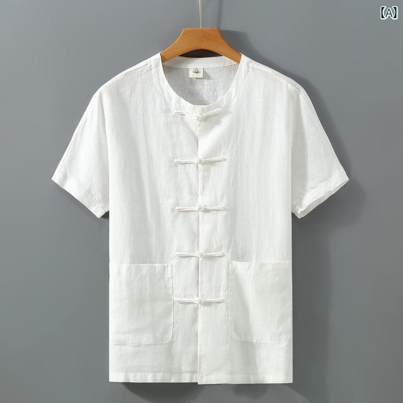 メンズ ファッション シンプル おしゃれ カジュアル チャイナ風 リネン 半袖 シャツ リネン チャイナ風..