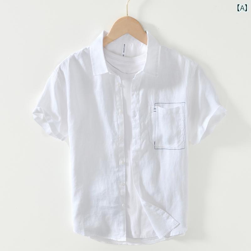 夏 リネン 半袖 シャツ レトロ トレンド 快適 快適 リネン 生地 シャツ 薄手 涼しい シャツ