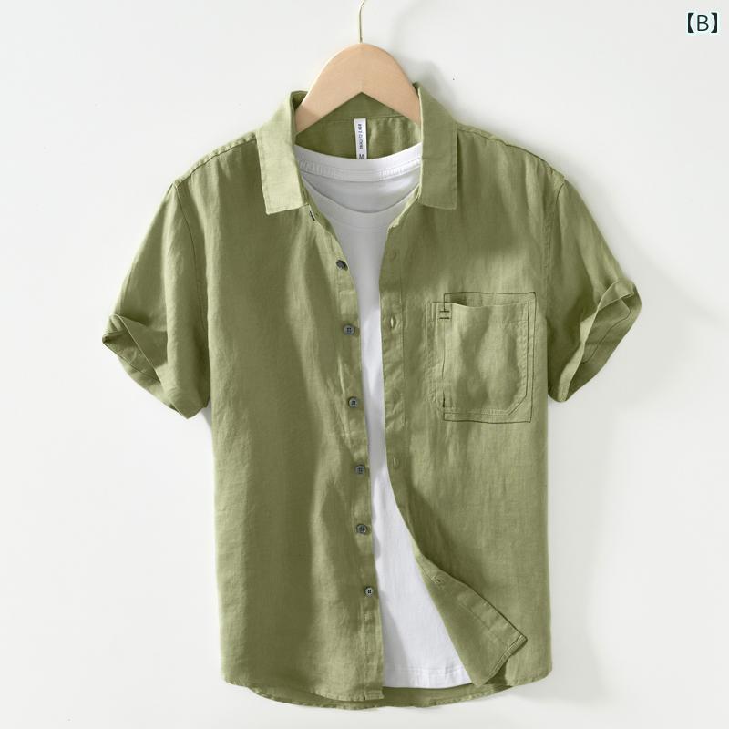 夏 リネン 半袖 シャツ レトロ トレンド 快適 快適 リネン 生地 シャツ 薄手 涼しい シャツ