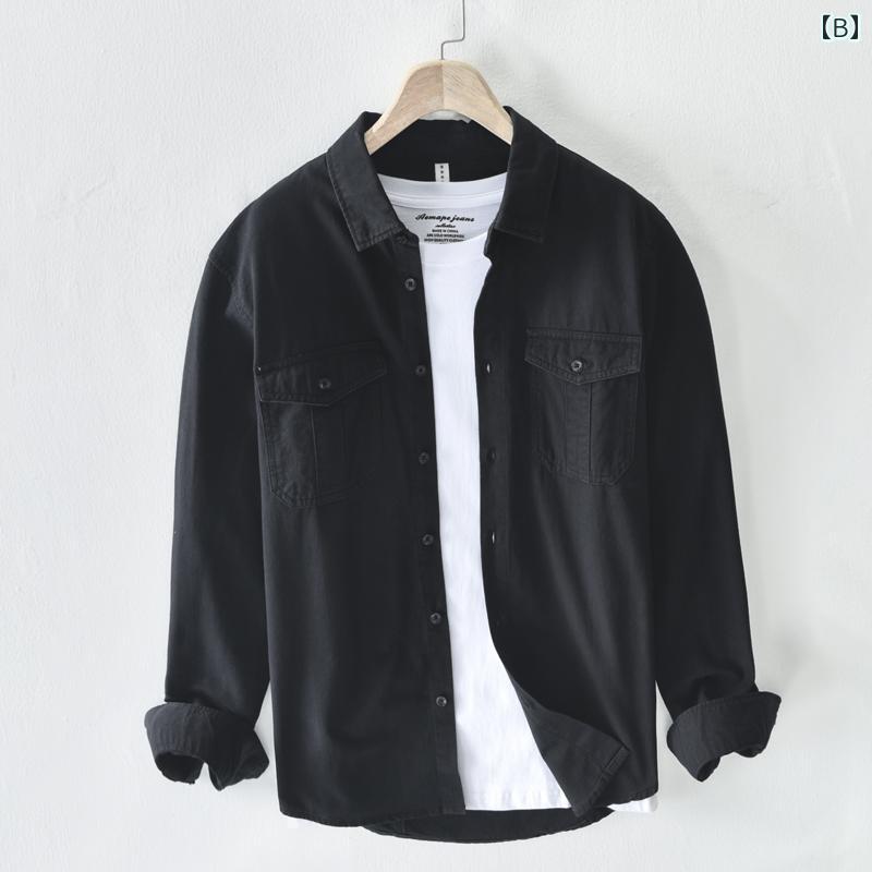 春秋 長袖 シャツ ジャケット トレンディ 黒 アウターシャツ ジャケット